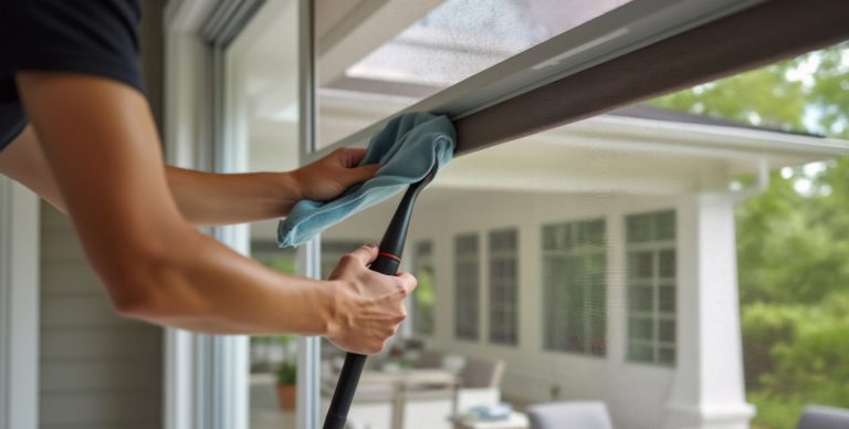 A person uses a vacuum cleaner and cloth to clean the top edge of a window screen, with a patio and outdoor furniture visible through the glass in the background.