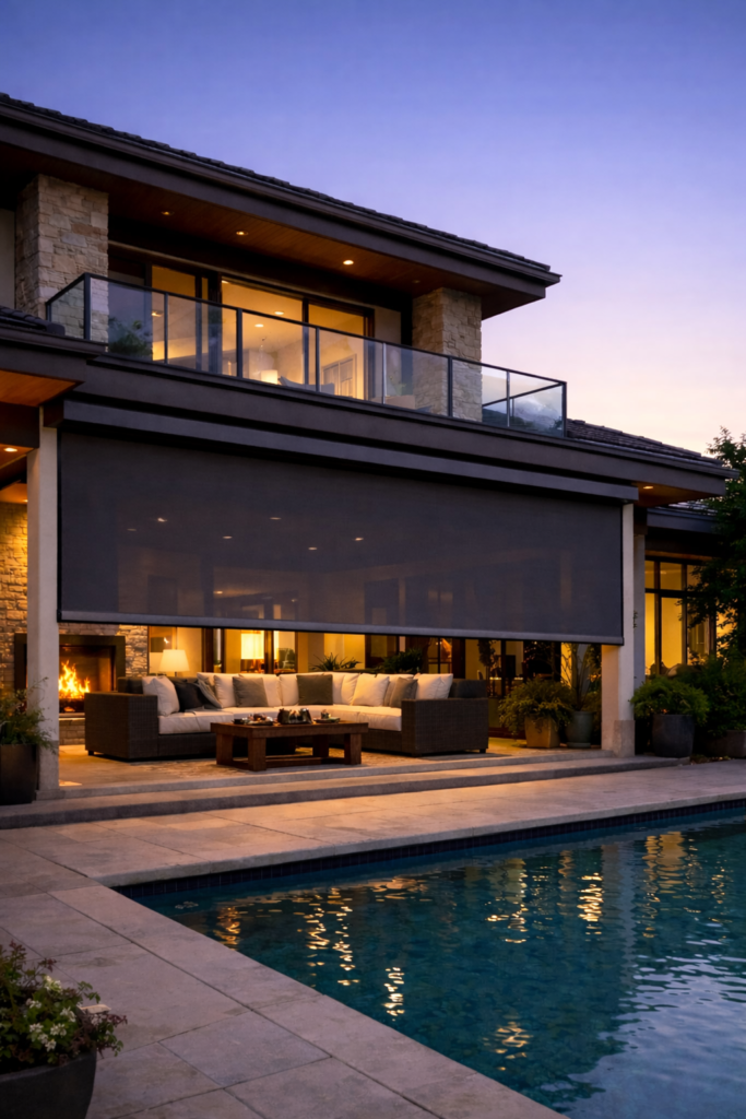 Modern two-story house at dusk with large windows, a balcony, and a pool in the foreground. Outdoor seating area with couches is partially covered by a lowered screen shade. Warm lights illuminate the interior and exterior.