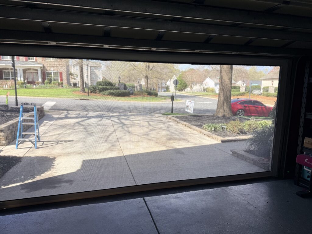 View from inside a garage looking out onto a driveway. A blue ladder is on the left side, a red car is parked on the right, and houses and trees are visible across the street under a clear sky.