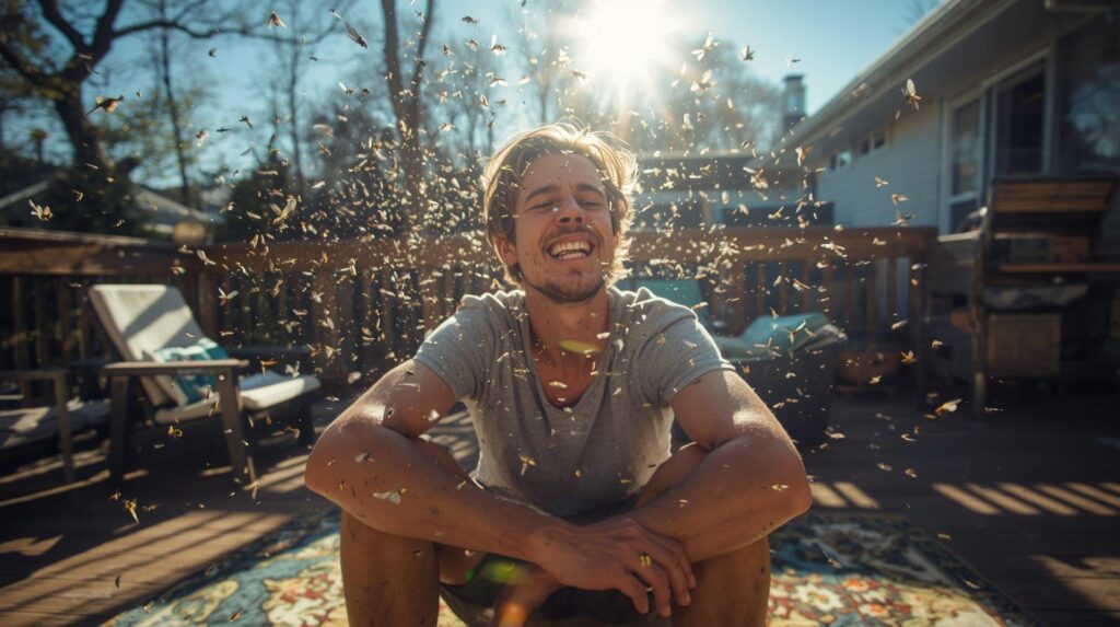 A smiling man sits cross-legged on a sunlit deck, surrounded by floating seeds or pollen, with sunlight streaming through trees in the background. Outdoor furniture and a patterned rug are visible.