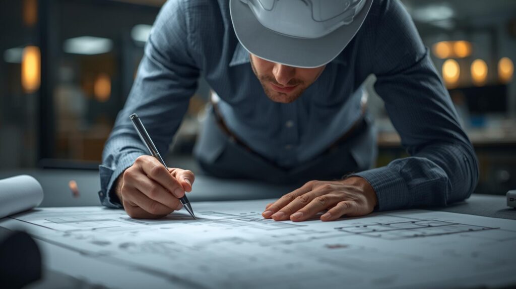 An engineer wearing a white hard hat leans over a table, closely examining and marking architectural blueprints with a pen in an office setting.