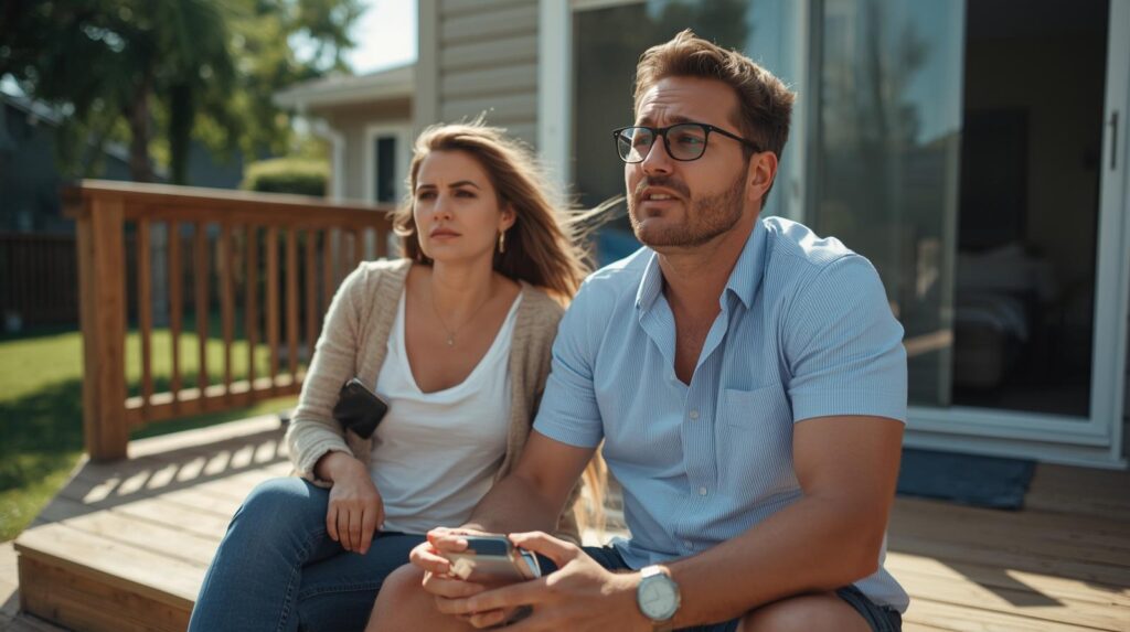 A man and woman sit together on a wooden porch, looking thoughtful. The man holds a game controller and wears glasses and a light blue shirt; the woman wears a cardigan. Sunlight highlights a suburban backyard in the background.