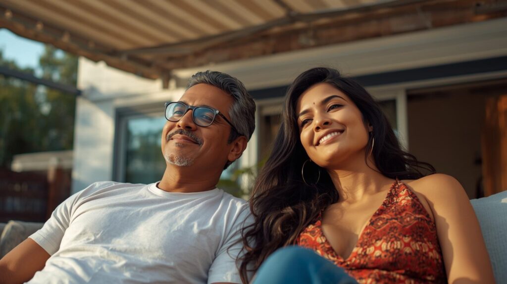 A man with gray hair and glasses and a woman with long dark hair sit close together outdoors, smiling and enjoying a sunny day. They appear relaxed and content, with a patio and house in the background.