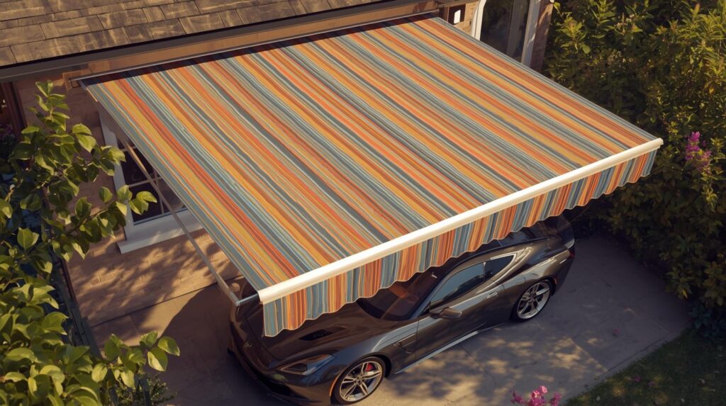 A black car is parked under a large, colorful striped retractable awning attached to a house, providing shade in a driveway surrounded by greenery.