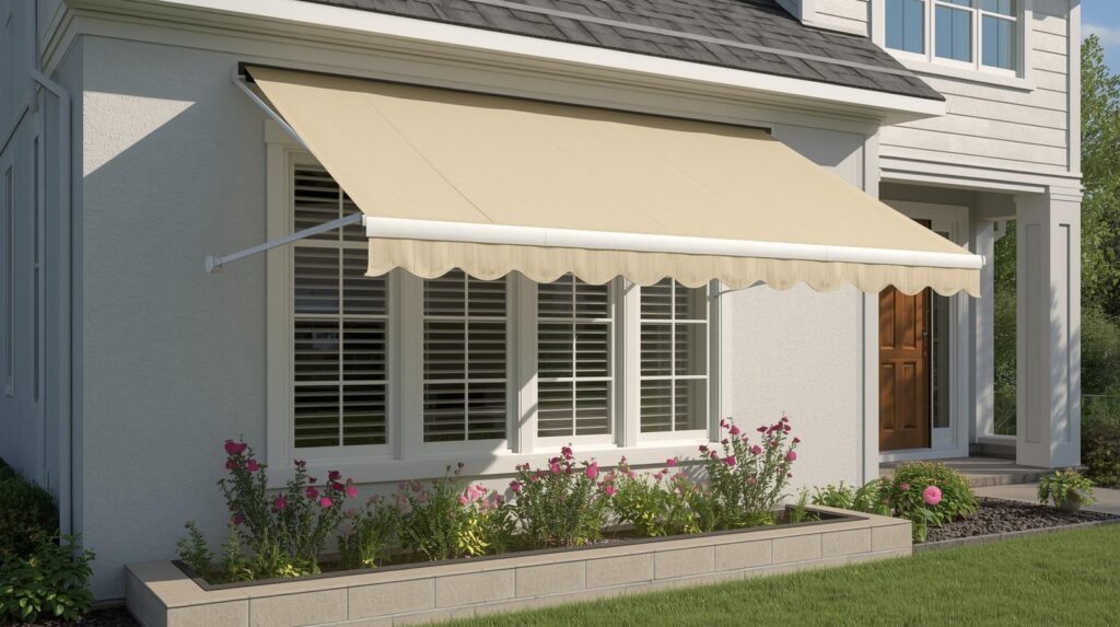 A beige retractable awning shades a corner window with white shutters on a light-colored house. Pink flowers and green plants grow in a raised garden bed below the window.