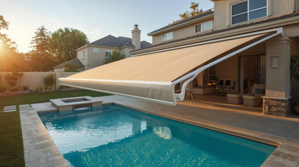 A beige retractable awning extends over a backyard patio and swimming pool beside a modern two-story house at sunset, creating a shaded outdoor area.
