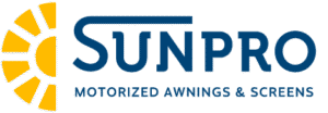 Sunpro logo featuring a stylized yellow sun on the left and bold blue text reading Sunpro with Motorized Awnings & Screens written underneath.