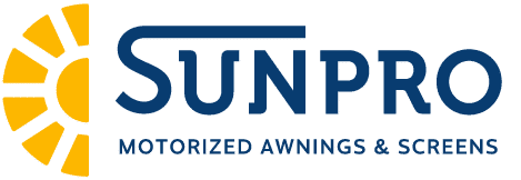 Sunpro logo featuring a stylized yellow sun on the left and bold blue text reading Sunpro with Motorized Awnings & Screens written underneath.