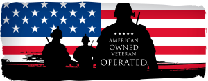 Silhouettes of three soldiers stand in front of a stylized American flag, with the words “American Owned. Veteran Operated.” written in bold capital letters across the image.