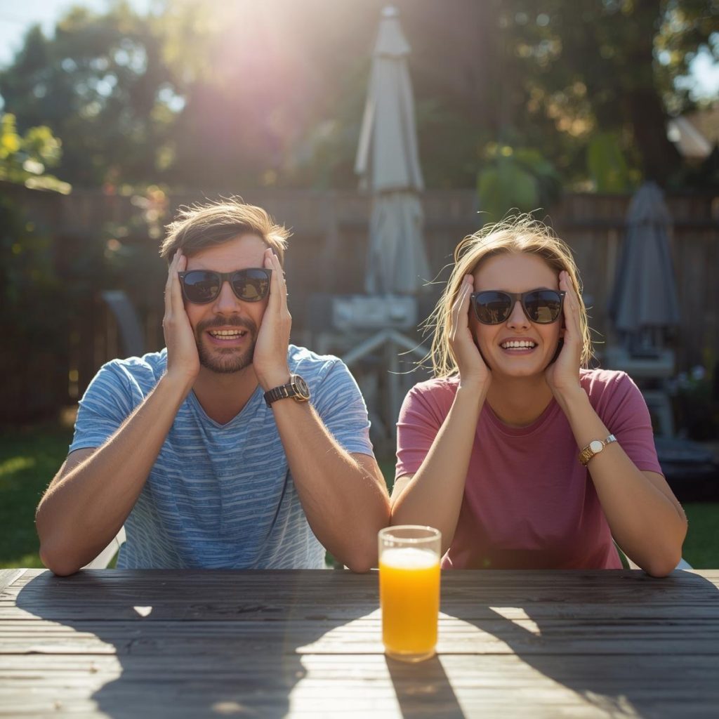A man and woman wearing sunglasses sit at an outdoor table, smiling and holding their faces in surprise. A glass of orange juice is on the table between them, with sunlight and greenery in the background.