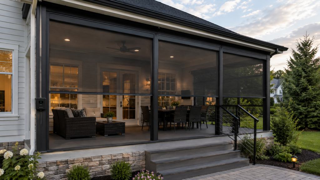 Motorized retractable screen porch system installed on a Central Florida home porch