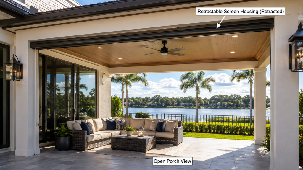 Retractable screen porch system on a Central Florida lanai showing retracted housing and open porch view