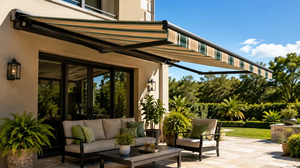 Motorized retractable patio awning extended for UV protection over a Florida patio