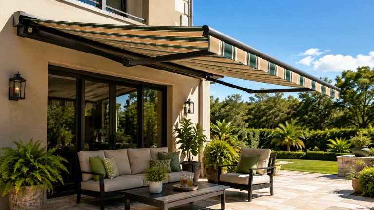 Motorized retractable patio awning extended for UV protection over a Florida patio
